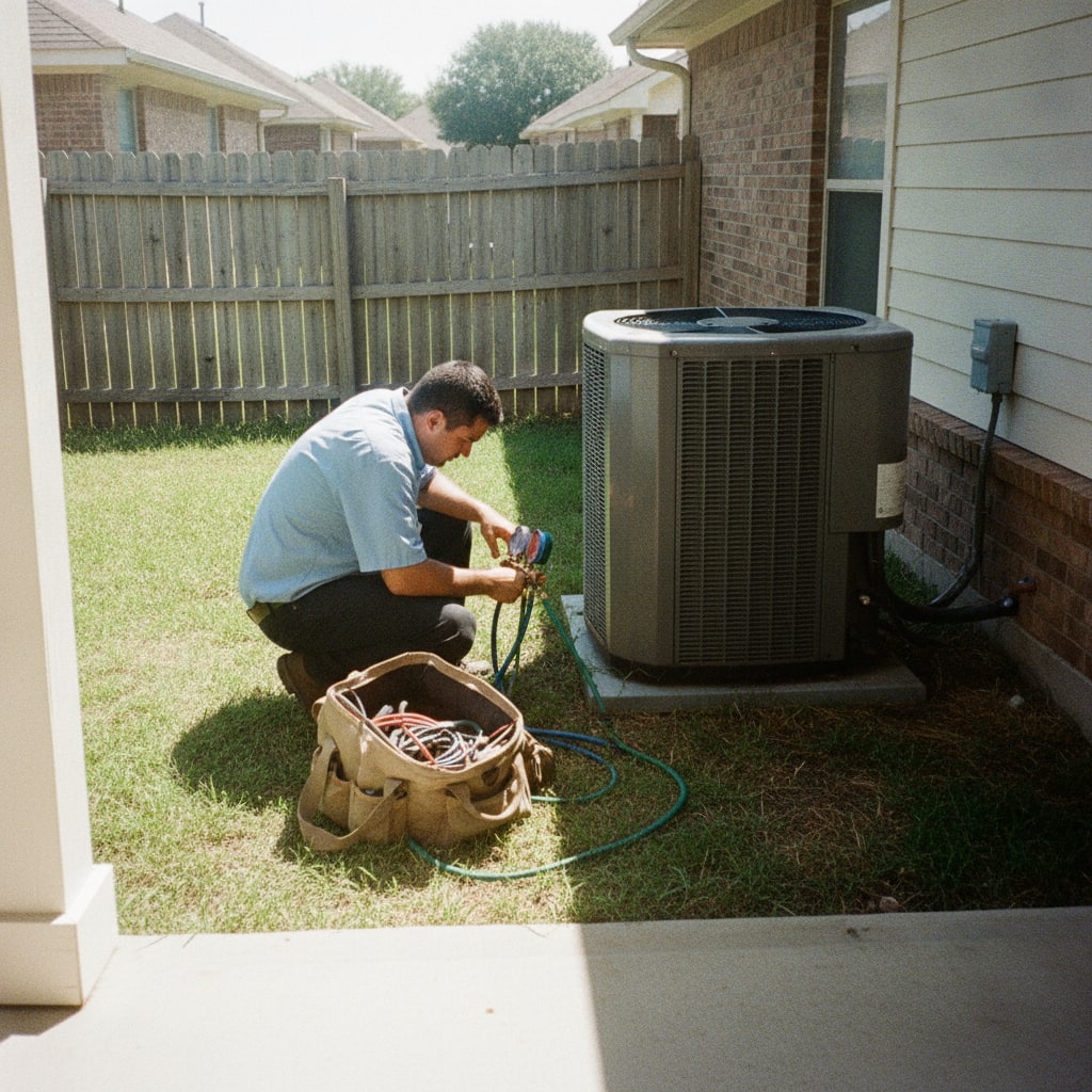 Technician checking refrigerant pressure on an outdoor condenser in a Colleyville backyard